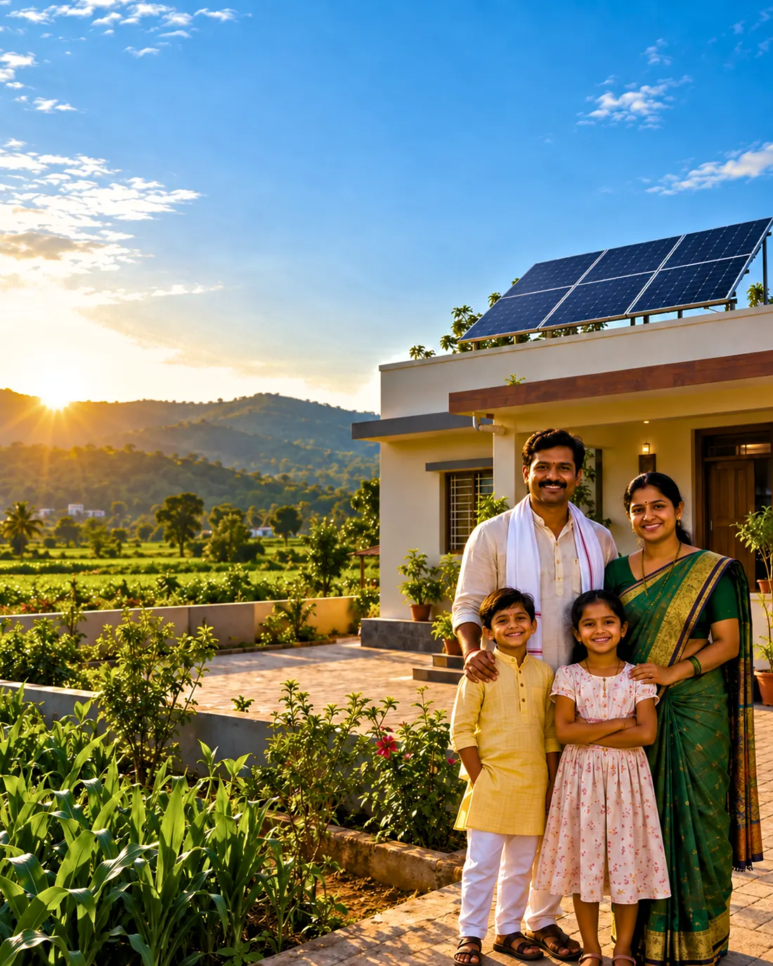 A family outside their home with rooftop solar panels